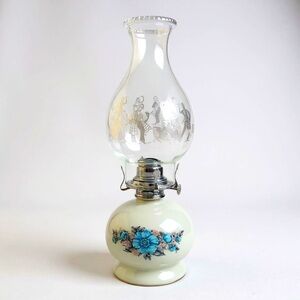 Vintage Milk Glass Oil Lamp Blue Floral Hurricane Lamp
